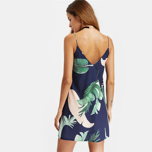 SHEIN Navy Palm Leaf Print Double V Neck Cami Dress Women Beach Dress Spaghetti Strap Sleeveless Sexy Slip Dress