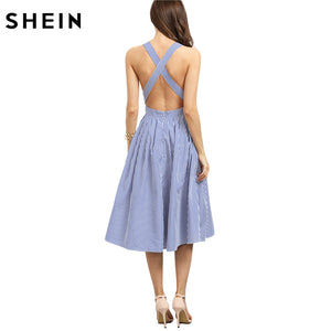 SHEIN Women New Arrival Sexy Midi Dresses 2016 Summer Blue Striped Square Neck Sleeveless Crisscross Back A Line Dress