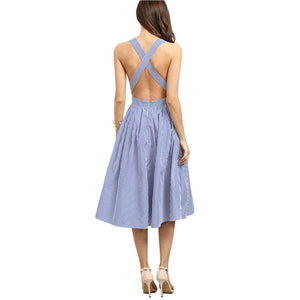 SHEIN Women New Arrival Sexy Midi Dresses 2016 Summer Blue Striped Square Neck Sleeveless Crisscross Back A Line Dress