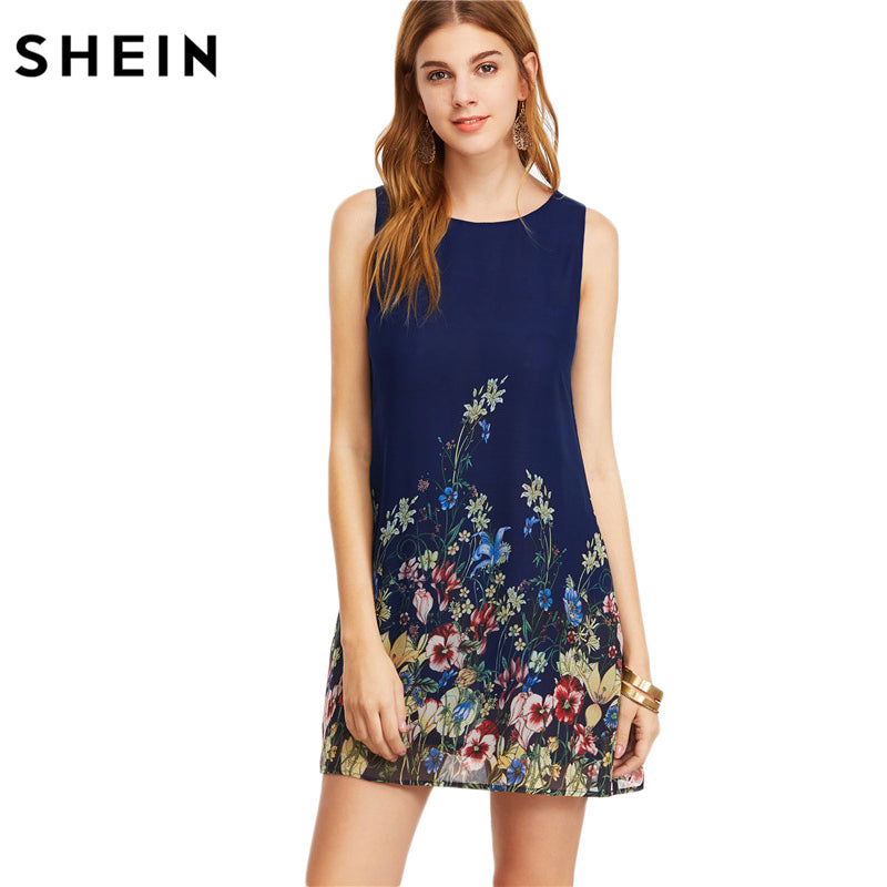 SHEIN Womens Dresses New Arrival 2017 Navy Buttoned Keyhole Back Flower Print Scoop Neck Sleeveless A Line Dress