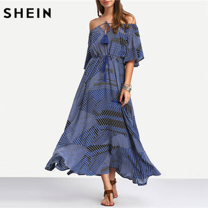 SHEIN Ladies Dresses 2016 Summer New Arrival Vintage Womens Half Sleeve Off The Shoulder Tie-waist Ruffle Hem Maxi Dress