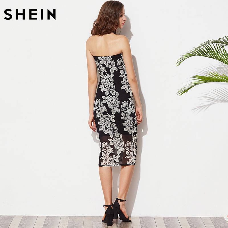 SHEIN Women Summer Black Flower Print Bandeau Midi Dress Sexy Club Dress 2017 Strapless Sleeveless Elegant Dress