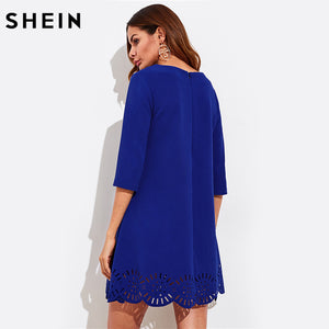 SHEIN Scallop Laser Cut Hem Swing Dress Royal Blue Three Quarter Length Sleeve Zipper Back Casual Straight Dress