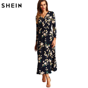 SHEIN New Arrival Boho Women Maxi Dresses Navy V Neck Long Sleeve Womens Elegant With Button Floral Long Party Dress