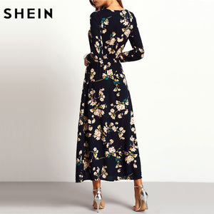 SHEIN New Arrival Boho Women Maxi Dresses Navy V Neck Long Sleeve Womens Elegant With Button Floral Long Party Dress