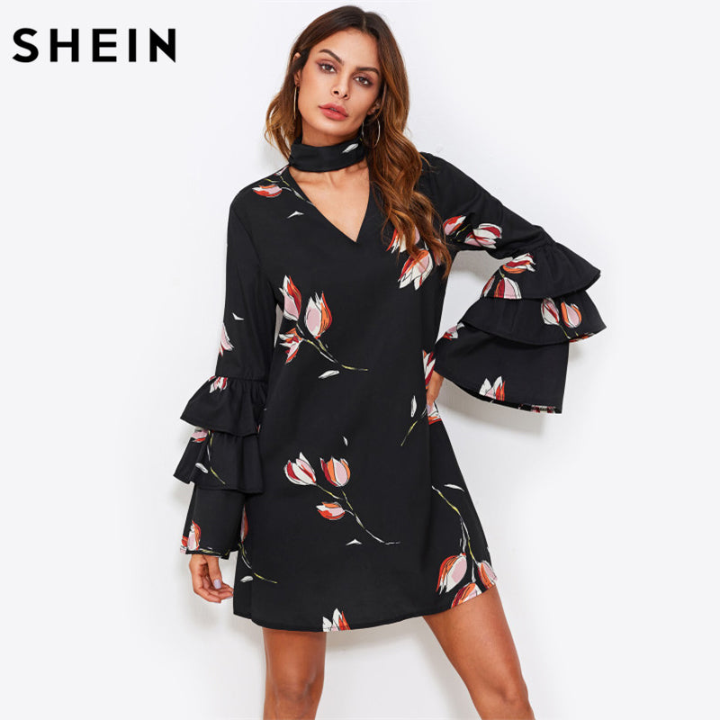 SHEIN Choker Neck Layered Flare Sleeve A Line Dress Black Floral Autumn Dress Long Sleeve V Neck Sexy Elegant Dress