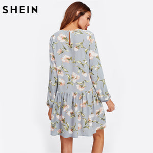 SHEIN Allover Flower Print Drop Waist A Line Dress Grey Long Sleeve Round Neck Cut Out Back Floral Cute Dresses
