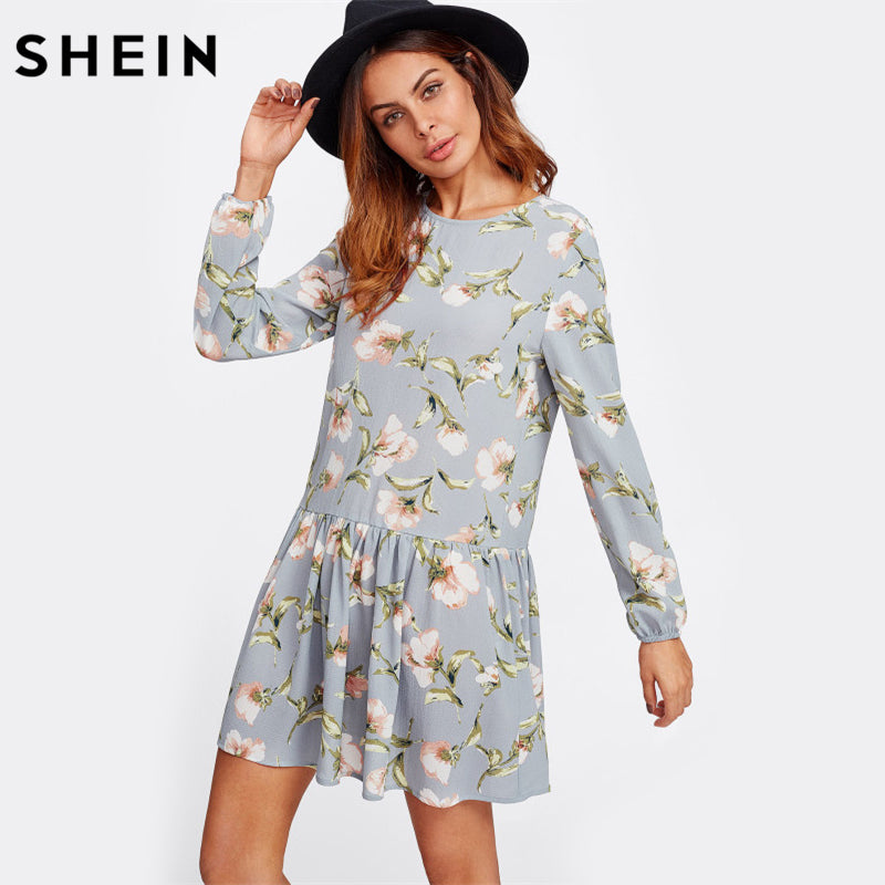 SHEIN Allover Flower Print Drop Waist A Line Dress Grey Long Sleeve Round Neck Cut Out Back Floral Cute Dresses