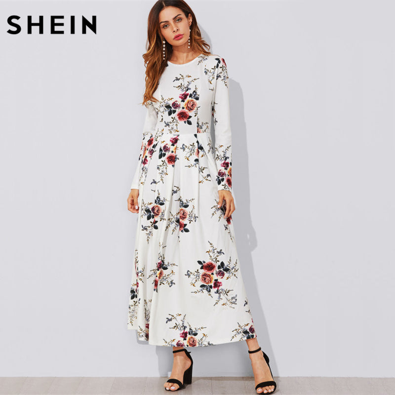SHEIN Flower Print Box Pleated A Line Dress Casual Women Autumn Dress White Long Sleeve Floral Elegant Maxi Dress