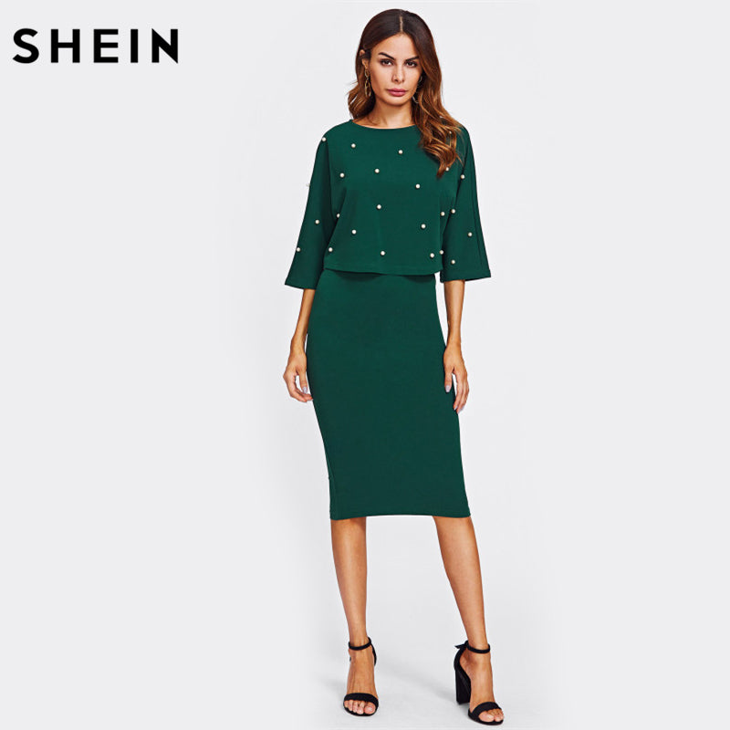 SHEIN Pearl Embellished Autumn Dress Elegant Womens Dresses Solid Green Half Sleeve Knee Length Sheath Two Piece