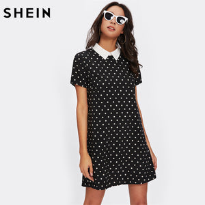 SHEIN Contrast Collar Polka Dot Straight Dress Womens Black and White Short Sleeve Casual Summer Womens Dresses