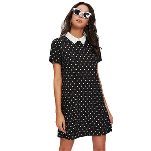 SHEIN Contrast Collar Polka Dot Straight Dress Womens Black and White Short Sleeve Casual Summer Womens Dresses