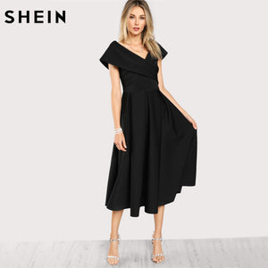 SHEIN Box Pleated Cross Wrap Bardot Dress Womens Black V Neck Short Sleeve A Line Dress Zip Back Elegant Party Dress