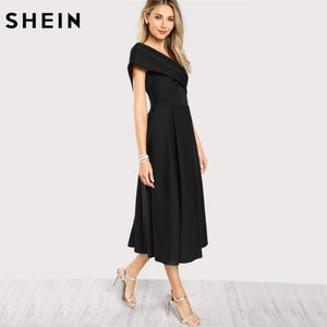 SHEIN Box Pleated Cross Wrap Bardot Dress Womens Black V Neck Short Sleeve A Line Dress Zip Back Elegant Party Dress