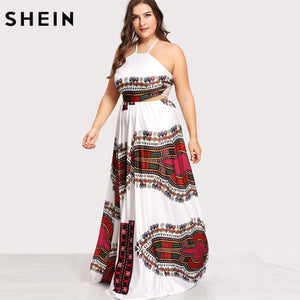 SHEIN Plus Size Summer Maxi Dress Sleeveless Ornate Print LaceUp Backless Dresses Large Sizes Geometric Tribal CutOut Sexy Dress