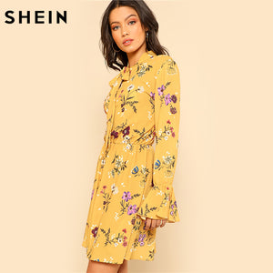 SHEIN Yellow Dress Women Spring Dresses Casual Tie Neck Elastic Waist Floral Dress Ruffle Long Sleeve Shift Women Dresses