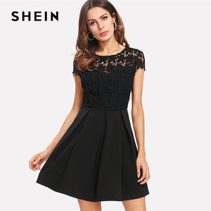 SHEIN Black Lace Tie Back Bow Backless Dress Women Round Neck Cap Sleeve High Waist Party Dress 2018 Sexy A Line Short Dress