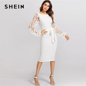 SHEIN Flower Applique Mesh Sleeve Dress White Boat Neck Lantern Sleeve Belted Plain Dress Women Elegant Party Slim Dress