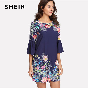 SHEIN Floral Print Flounce Sleeve Textured Dress Women Round Neck 3/4 Sleeve Ruffle Short Dress 2018 Spring Casual Dress