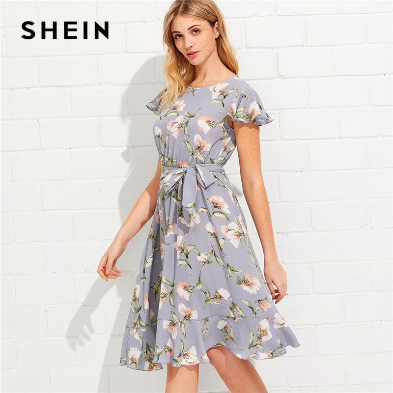 SHEIN Tie Neck Ruffle Hem Calico Dress 2018 Summer Fit and Flare Short Dress Women  Cap Sleeve A Line Floral Vacation Dress