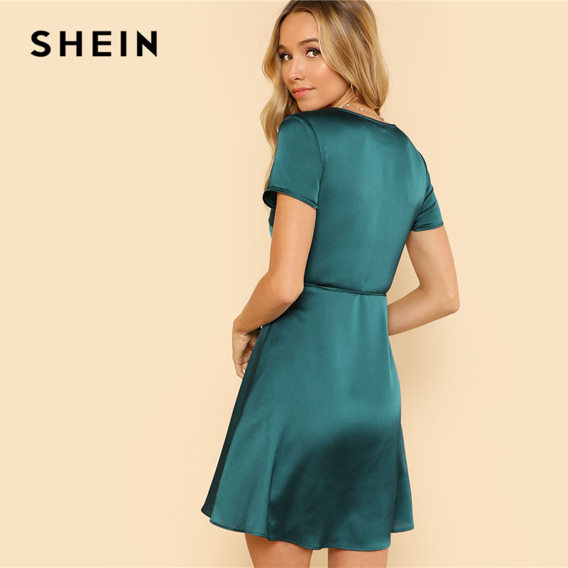 SHEIN Green Deep V Neck Satin Dress Women Short Sleeve High Waist Fit And Flare Plain Dress 2018 Sexy Belted Short Dress