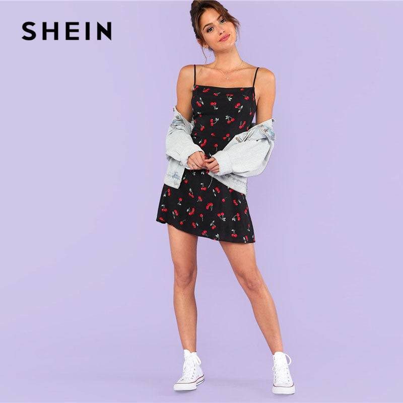 SHEIN Allover Cherry Print Cami Dress Women Spaghetti Strap Sleeveless Zipper Weekend Casual Dress 2018 Loose Short Dress