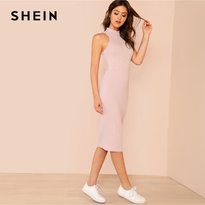 SHEIN Pink Mock Neck Rib Knit Plain Pencil Dress Women Stand Collar Sleeveless Slim Dress 2018 Elegant Going Out Bodycon Dress