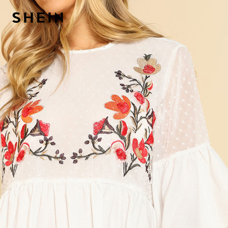 SHEIN Ruffle Flower Embroidered Smock Dress Women Round Neck Half Sleeve High Waist Dress 2018 Flare Sleeve Loose Short Dress