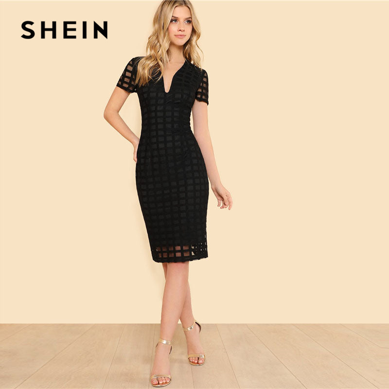 SHEIN Black Square Cut Overlay Lace Dress Women Deep V Neck Short Sleeve Zipper Plain Pencil Dress 2018 Elegant Party Dress