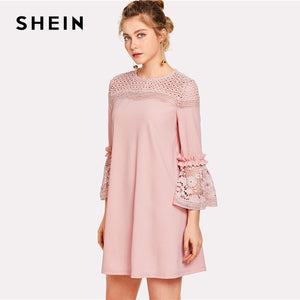 SHEIN Eyelet Crochet Lace Detail Frill Trim Dress 2018 Summer Round Neck Butterfly Sleeve Dress Women Pink Elegant Ruffle Dress