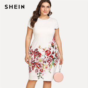 SHEIN Floral Print Pencil Dress 2018 Summer Round Neck Short Cap Sleeve Dress Women White Plus Size Elegant Dress