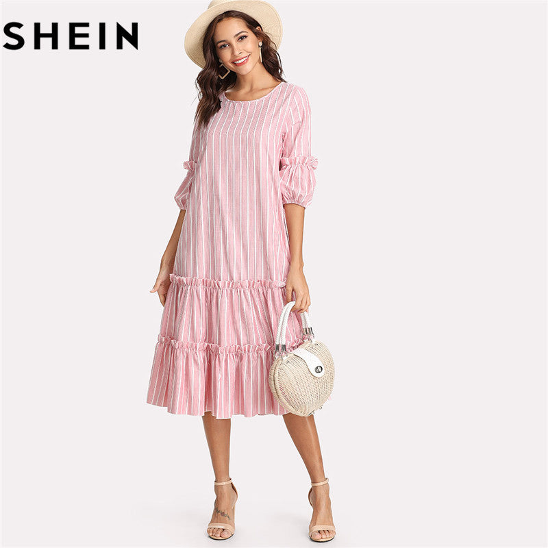 SHEIN 2018 Summer O Neck Lantern Sleeve Vertical Striped Pink Girl Mid-calf Dresses Flounce Casual Frill Embellished Swing Dress