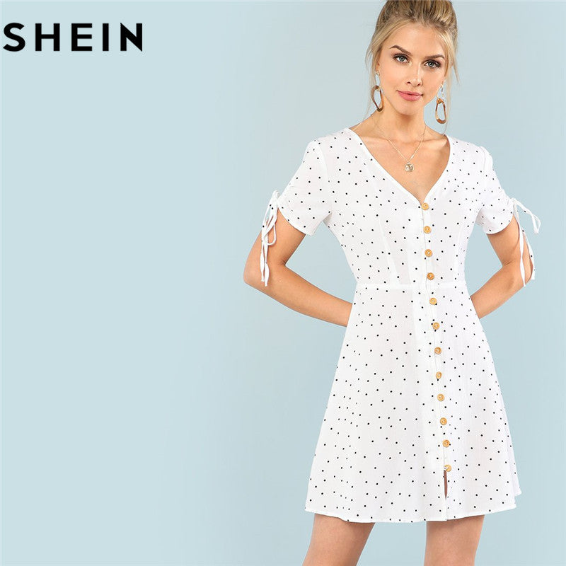 SHEIN V Neck High Waist Dress 2018 Summer Women White Beach Vacation Polka Dot Drawstring Short Sleeve Button Up A-Line Dresses