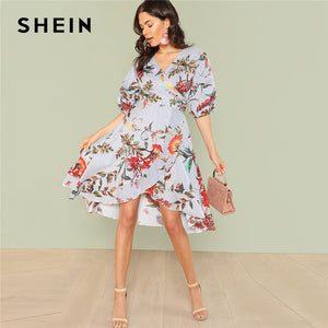 SHEIN Mixed Print Asymmetrical Ruffle Hem Surplice Wrap Dress 2018 Summer V Neck Short Bishop Sleeve Dress Women Vacation Dress