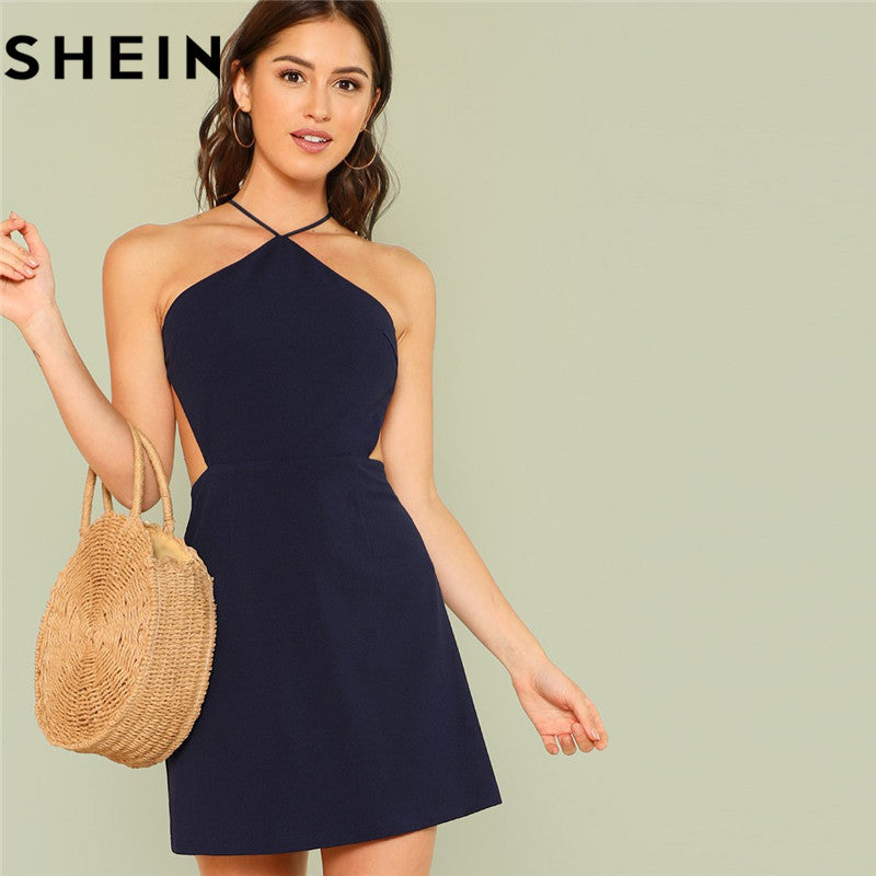 SHEIN Women Navy Sleeveless Backless Sexy Club Mini Dress 2018 Summer Party Strappy Back Zipper Solid Shift Halter Short Dresses