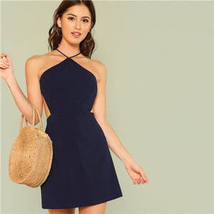 SHEIN Women Navy Sleeveless Backless Sexy Club Mini Dress 2018 Summer Party Strappy Back Zipper Solid Shift Halter Short Dresses