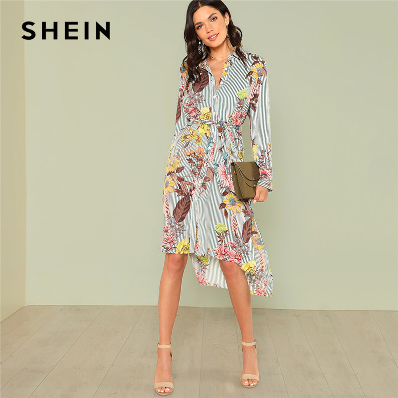 SHEIN Slit Side Mixed Print Dip Hem Shirt Dress 2018 Summer Long Sleeve Stand Collar Belted Dress Women Casual Elegant Dress