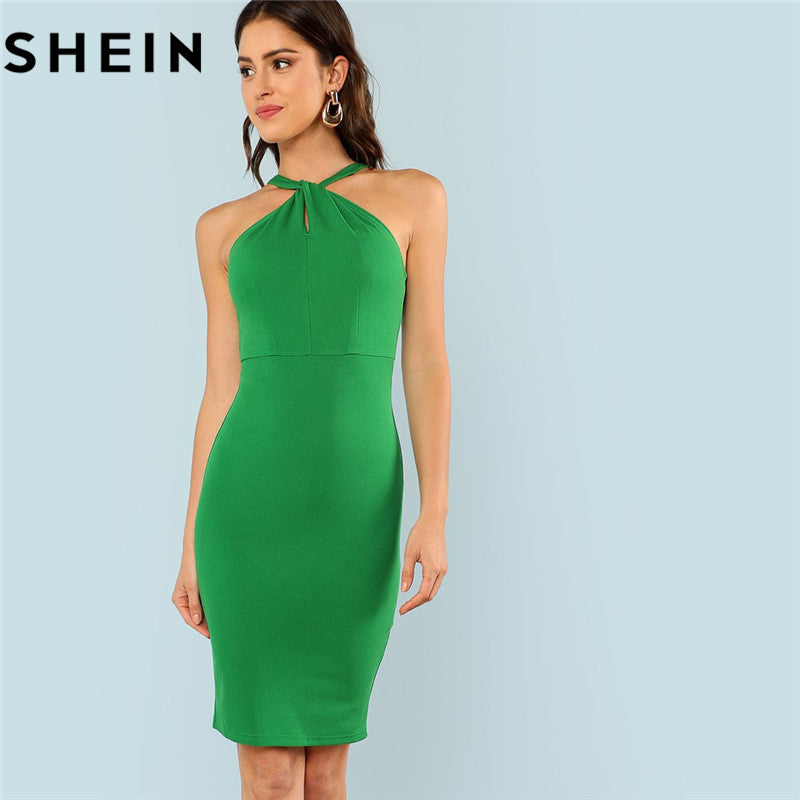 SHEIN Green Sleeveless High Waist Halter Dress Office 2018 Women Elegant Summer Bodycon Party Short Fitting Solid Slim Dresses