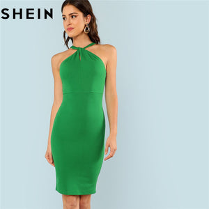 SHEIN Green Sleeveless High Waist Halter Dress Office 2018 Women Elegant Summer Bodycon Party Short Fitting Solid Slim Dresses