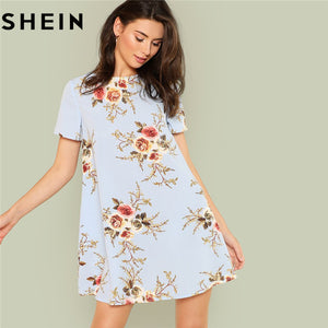 SHEIN Lady Short Sleeve O Neck Floral Print Swing Dress 2018 New Summer Clothes Weekend Casual Elegant Flower Working Mini Dress