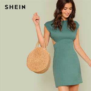 SHEIN Cut Out Backless Solid Sexy Dress 2018 Summer Round Neck Sleeveless Natural Waist Short Elegant Dress For Women