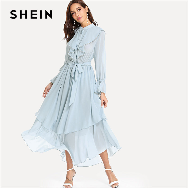 SHEIN Sky Blue Elegant Plain Stand Collar Flounce Long Sleeve Ruffle Button Belted Maxi Dress Summer Women Weekend Casual Dress