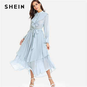 SHEIN Sky Blue Elegant Plain Stand Collar Flounce Long Sleeve Ruffle Button Belted Maxi Dress Summer Women Weekend Casual Dress