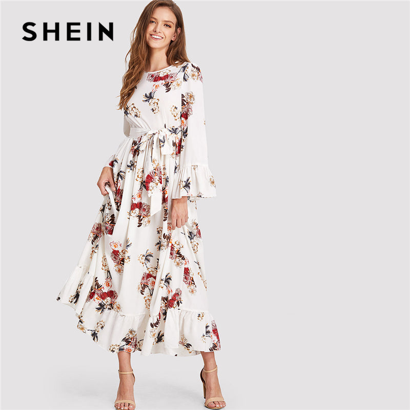 SHEIN Multicolor Vacation Boho Bohemian Beach Floral Print Round Neck Long Sleeve Ruffle Belted Summer Maxi Dress For Women