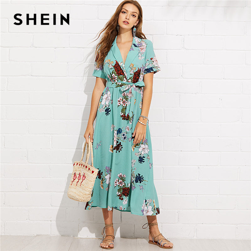 SHEIN Turquoise Vacation Boho Bohemian Beach Notch Collar Wrap Front Belted Botanical Dress Summer Women Short Sleeve Maxi Dress