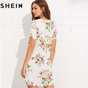 SHEIN Summer Straight Short Sleeve Floral Print Casual Mini Dresses 2018 Women Preppy Scalloped Edge Botanical Print Short Dress