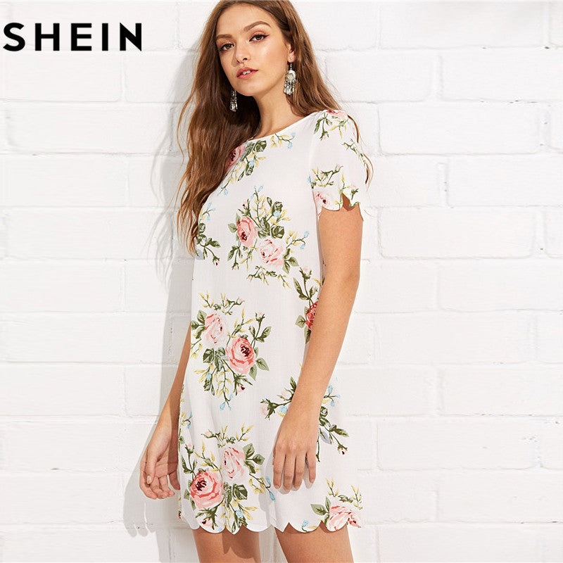 SHEIN Summer Straight Short Sleeve Floral Print Casual Mini Dresses 2018 Women Preppy Scalloped Edge Botanical Print Short Dress