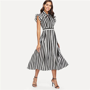 SHEIN Black and White Striped Ruffle Shoulder Vertical Sleeveless Tie Neck Natural Waist Dress Summer Women Weekend Casual Dress