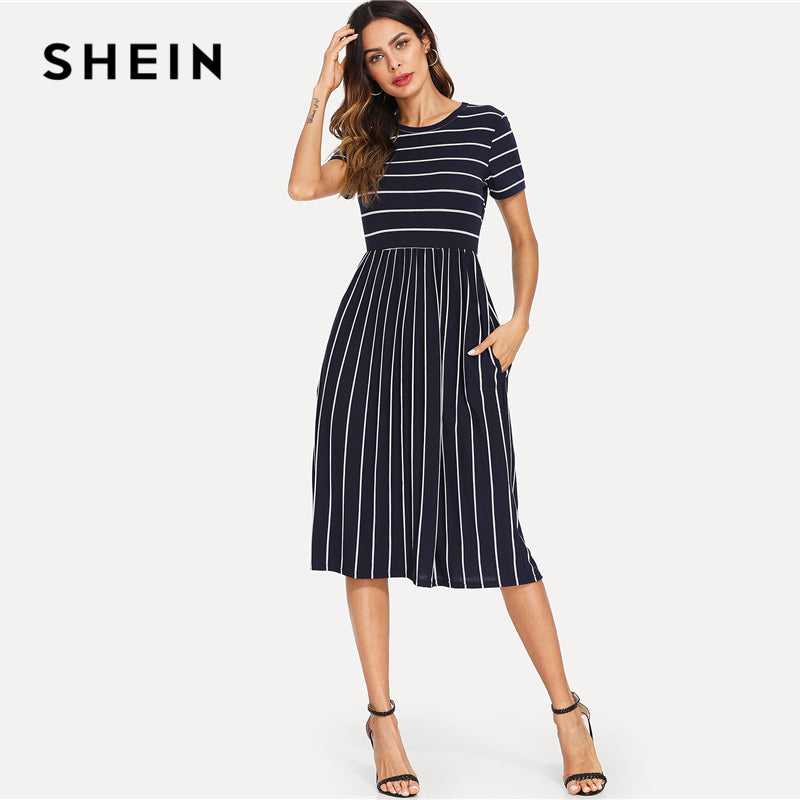 SHEIN Navy Elegant Round Neck Short Sleeve Mixed Stripe Natural Waist Smock Dress Summer Women Weekend Casual Dresses