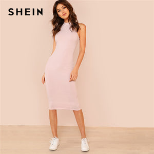 SHEIN Pink Mock Neck Rib Knit Plain Pencil Dress Women Stand Collar Sleeveless Slim Dress 2018 Elegant Going Out Bodycon Dress